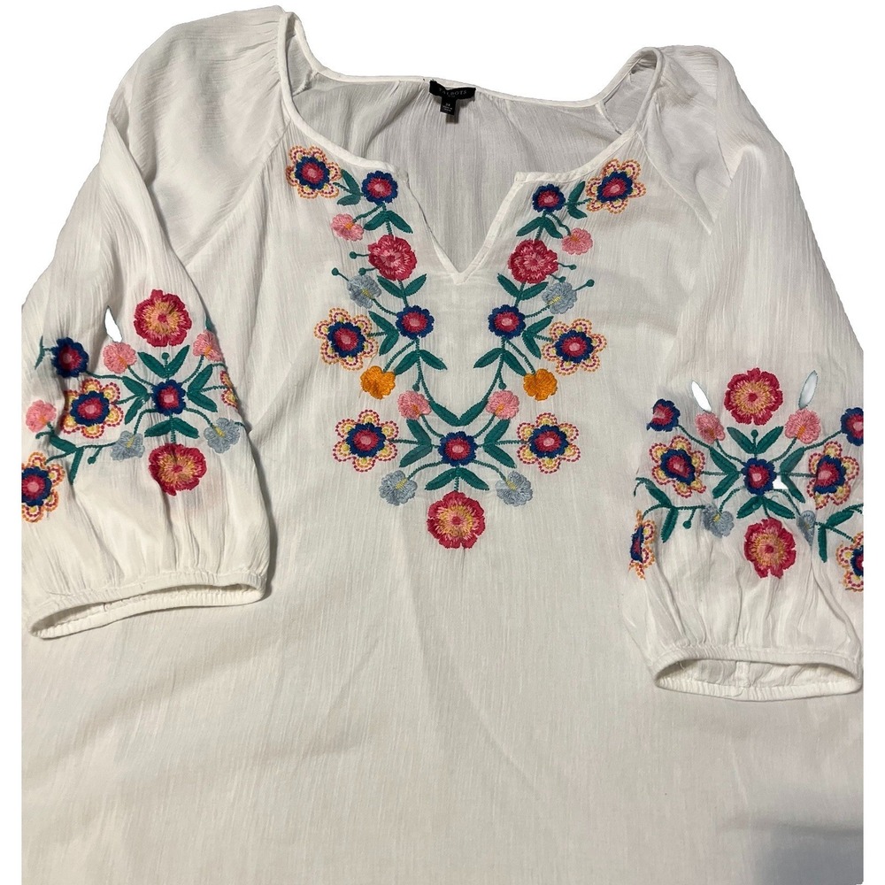 Talbots Embroidered Cotton Gauze White Blouse Boho Colorful Floral Women's 3X